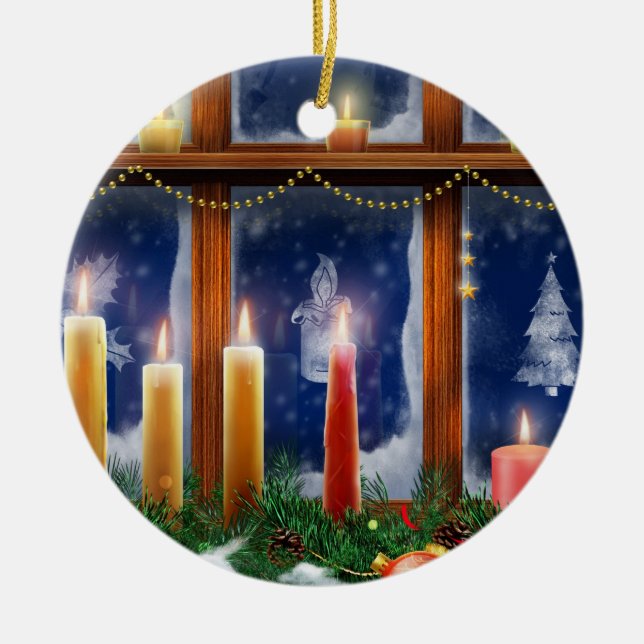 Vela nos enfeites de natal da janela (Frente)