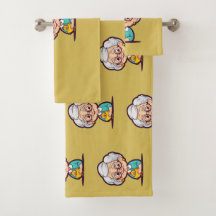 Velha senhora com toalhas de banho de frango