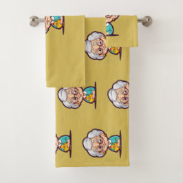 Velha senhora com toalhas de banho de frango