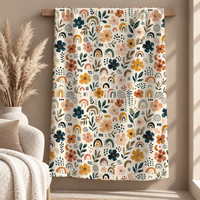 Velo Cobertor Boho Flor Chuva de cores Bege Chic (Chic Rust Sage Rainbow Flower Boho Blanket)