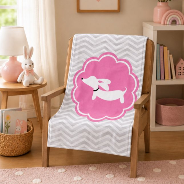 Velo Cobertor de Bebê Cachorro Viena Cinza e Rosa Dachs (Gray & Pink Wiener Dog Dachshund Baby Blanket)