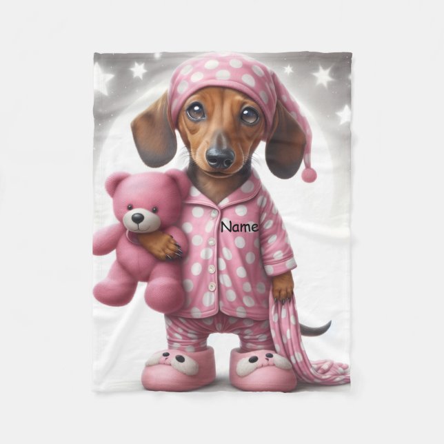 Velo Cobertor de Bebê de Fleece Dachshund Rosa e Branco (Frente)