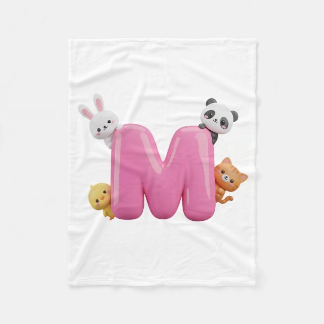 Velo Cobertor de Bebê de Fleece Rosa com Letra M em 3D  (Frente)
