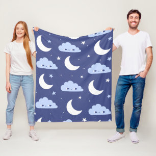 Velo Cobertor de Fleece Azul Escuro Kawaii Lua Estrelas