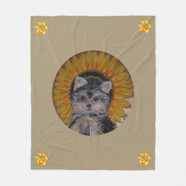 Velo Cobertor de Fleece Cachorro Fofo, Girassol e Patas (Frente)