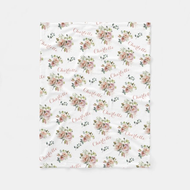 Velo Cobertor de Fleece com Monograma Floral Rosa (Frente)