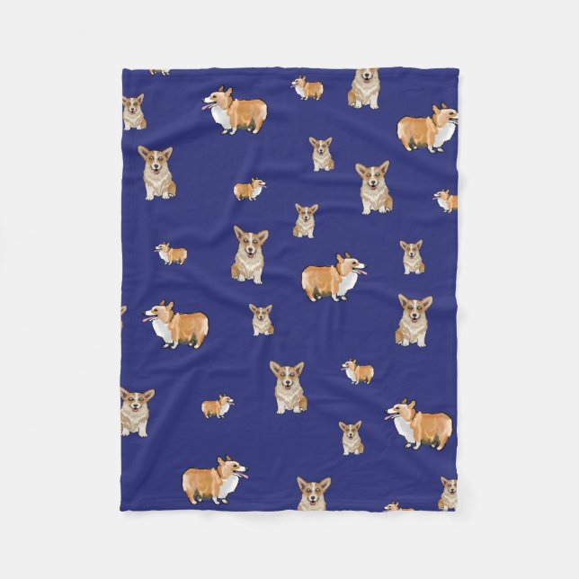 Velo Cobertor de Fleece de Cachorro Corgi Azul Marinho (Frente)