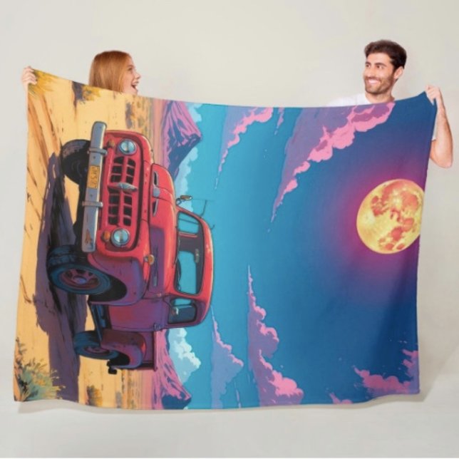 Velo Cobertor de Fleece de Caminhonete Americana Clássi (Retro Red Pickup Truck Desert Moon blanket - soft and colourful available  in 3 different sizes. )