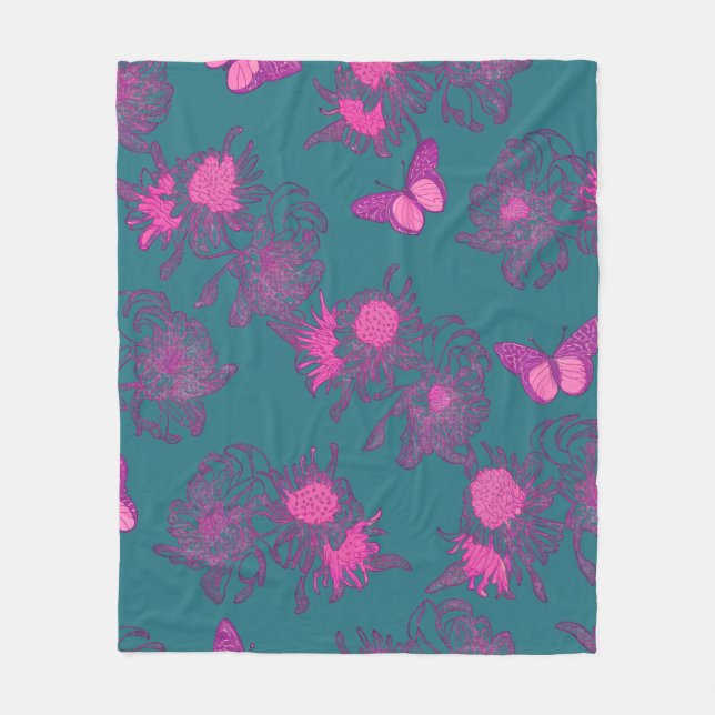 Velo Cobertor de Fleece Floral Borboleta Rosa Azul Prof (Frente)