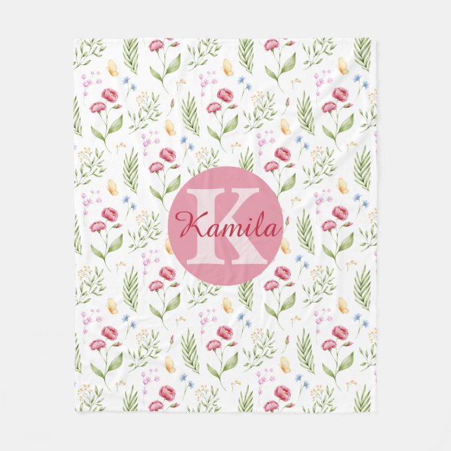 Velo Cobertor de Fleece Floral com Nome e Monograma de  (Frente)