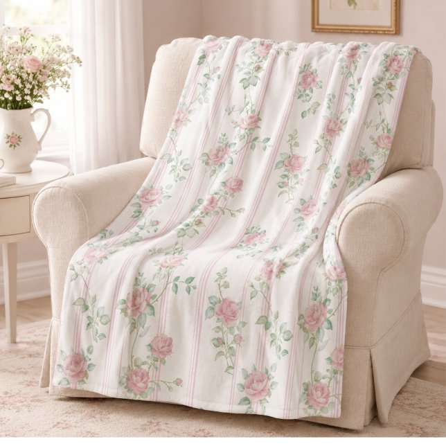 Velo Cobertor de Fleece Floral Rosa Pink (elegant coquette pink rose floral stripe fleece blanket)