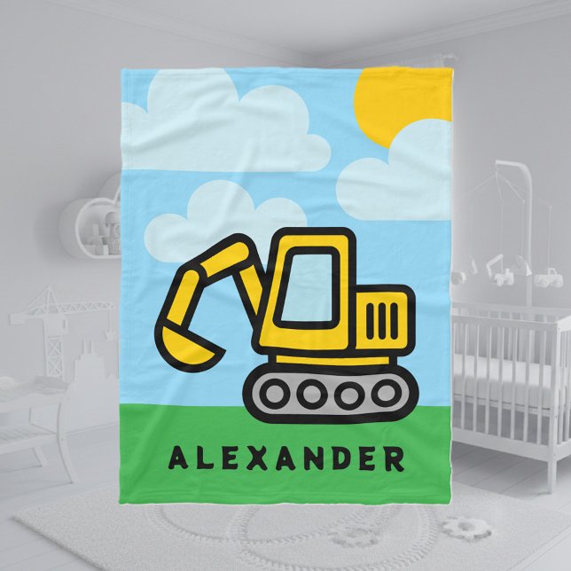Velo Cobertor de fleece infantil com estampa de escavad (kids fleece blanket with construction excavator drawing)