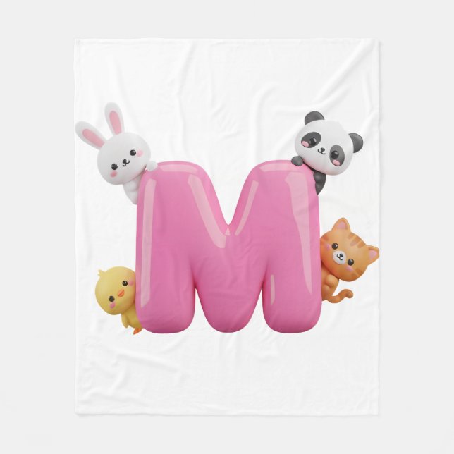 Velo Cobertor de Fleece Rosa com Letra M em 3D e Animai (Frente)