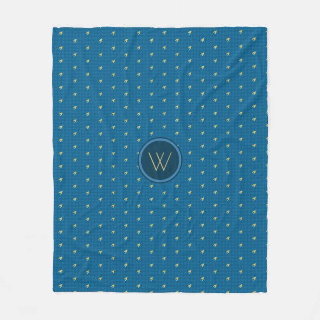 Velo Cobertor de Fleece Xadrez com Acento Dourado Azul (Frente)