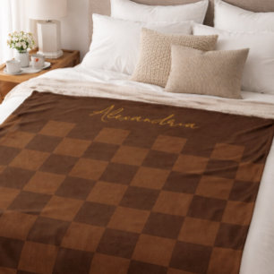 Velo Cobertor de Fleece Xadrez Marrom Escuro Personaliz