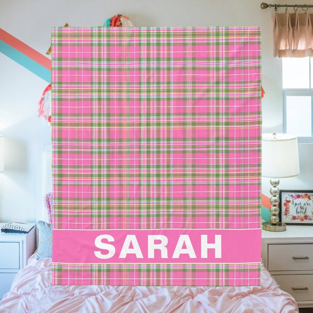 Velo Cobertor de Fleece Xadrez Tartã Rosa com Nome Pers (Pink Tartan Plaid Custom Name Fleece Blanket
)