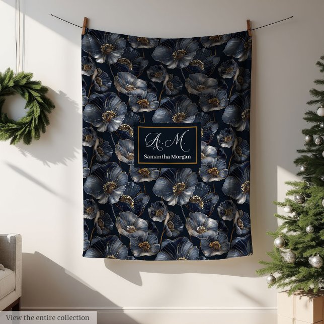Velo Cobertor de Flores Navy Dourado Elegante Monograma (Navy Gold Floral Throw Elegant Monogram Blanket)
