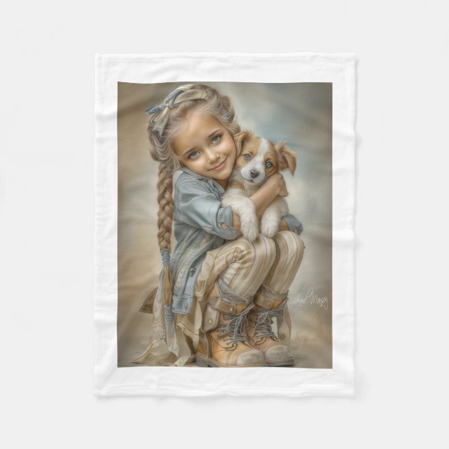 Velo Cobertor de Menina Abraçando Cachorrinho (Frente)