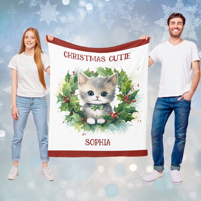 Velo Cobertor de Natal Infantil com Gatinho e Nome  (Child's Christmas Blanket With Kitten and Name)