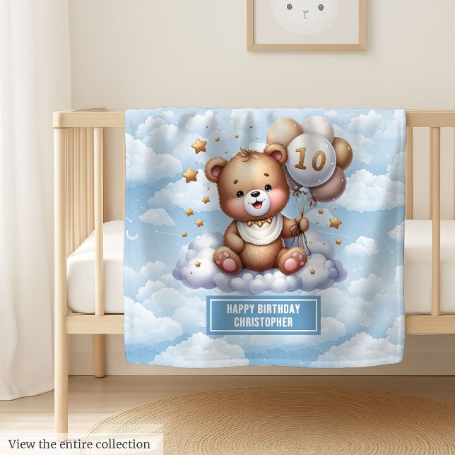 Velo cobertor de presentes de 10 anos com nome de ursin (10th birthday gift blanket with custom teddy name)