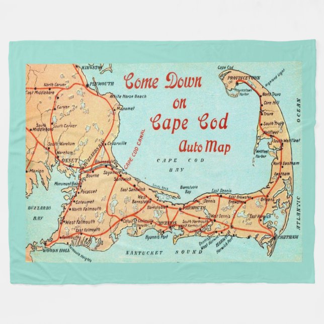 Velo Cobertor Grande de Mapa Antigo do Cape Cod em Cart (Frente (Horizontal))