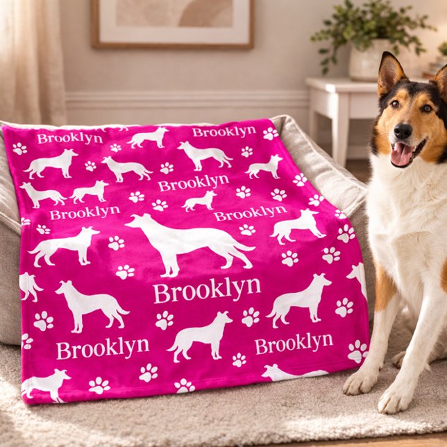 Velo Cobertor Personalizado de Cachorro Collie Lisa Ros (Collie - smooth hair personalized blanket with collie name. Large blanket in pink shown here)