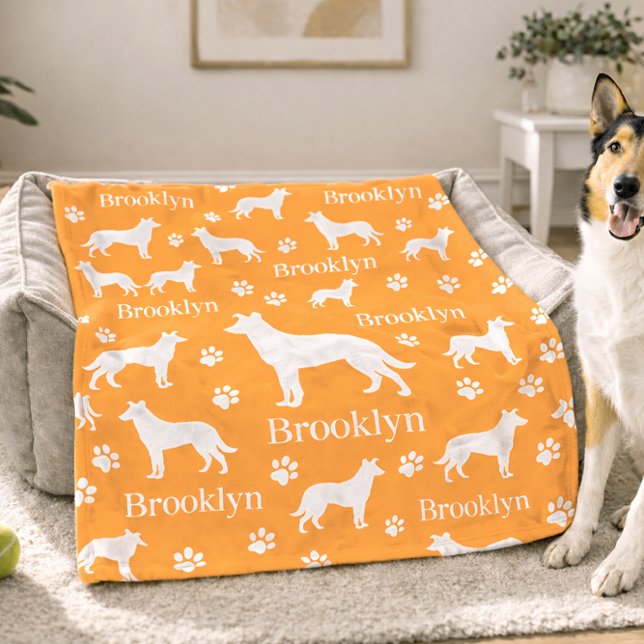 Velo Cobertor Personalizado de Cachorro Laranja para Co (Smooth hair collie - orange personalized blanket with name and fave color options. Example - large)