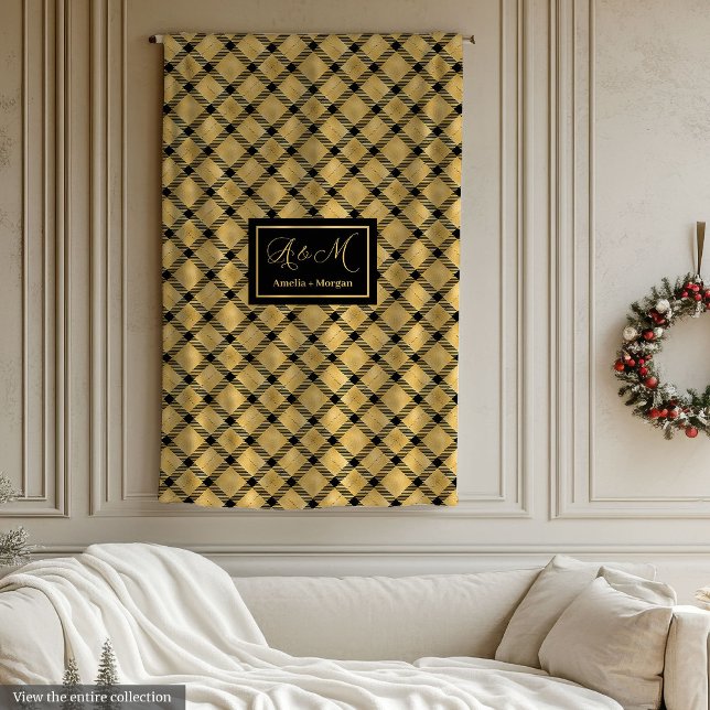 Velo Cobertor Personalizado Preto Dourado Presente de C (Personalized Blanket Black Gold Modern Wedding Gift)