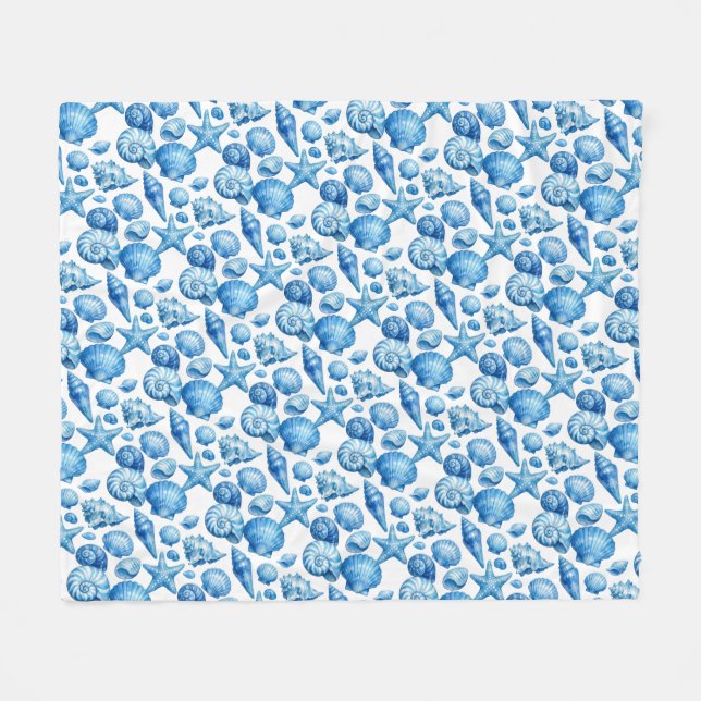 Velo Conchas Azuis. Náutico. Cobertor de Fleece (Frente (Horizontal))