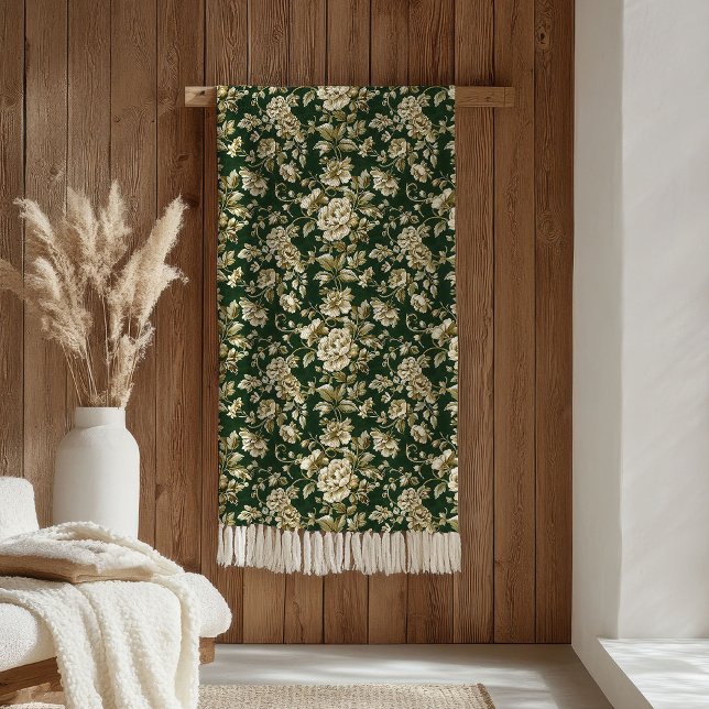 Velo Elegante Cobertor de Flores Verde Escuro e Dourado (Elegant Dark Green and Gold Flowers Blanket)