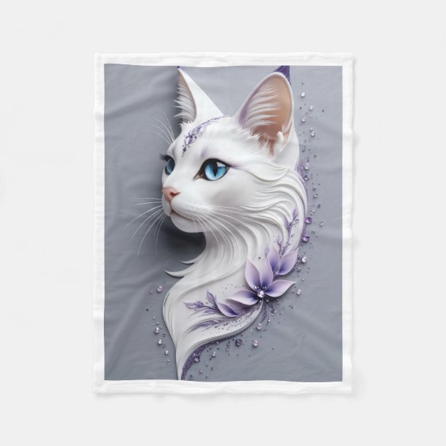 Velo Gato Branco Elegante com Cobertor de Fleece de Flo (Frente)