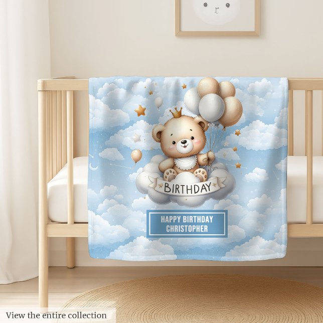 Velo Nome personalizado cobertor de primeiro aniversári (Custom name first birthday blanket with teddy bear)