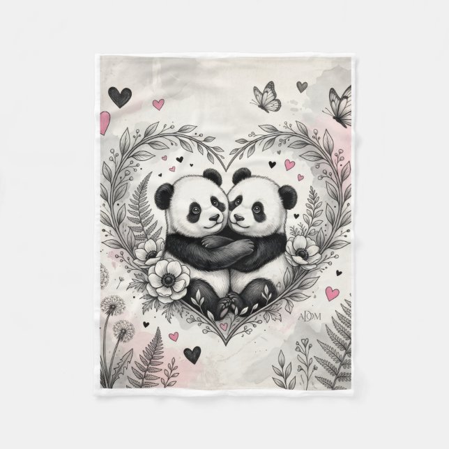 Velo Pandas Fofos em Cobertor de Fleece com Grinalda Fl (Frente)