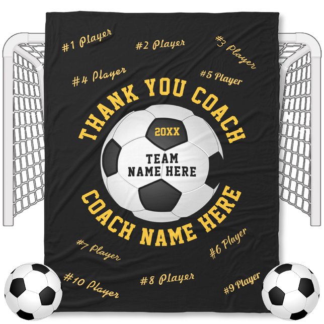 Velo Treinador de futebol presente em seu cobertor de c (Black and Gold, Personalized, Gifts for Soccer Coaches. Soccer Coach gifts with all Players Names.)