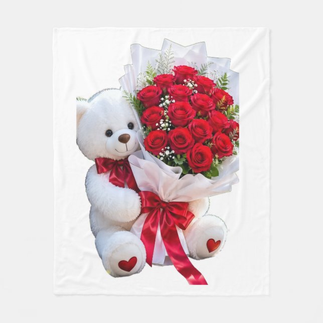 Velo Urso Fofo com Cobertor de Rosas Vermelhas (Frente)