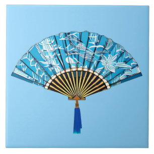 Ventilador japonês azul e branco em turquesa