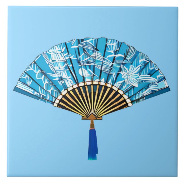 Ventilador japonês azul e branco em turquesa (Frente)
