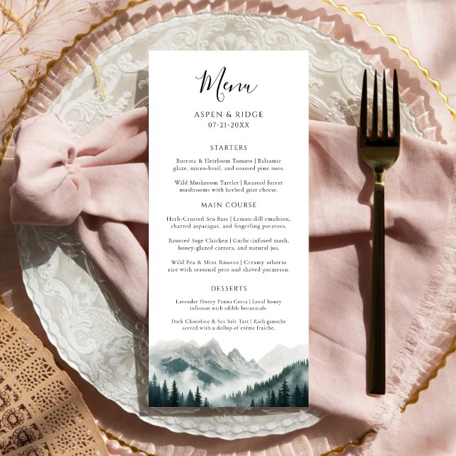 Verdant Peaks Misty Forest Watercolor Wedding Menu (Criador carregado)