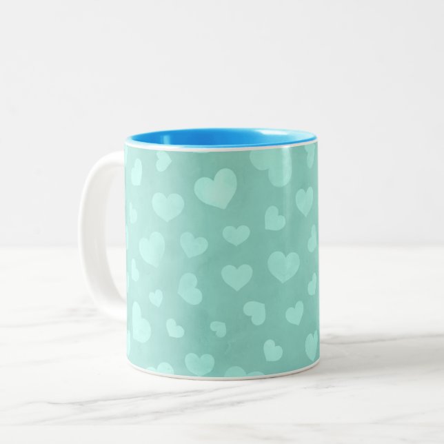 Verde com corações brancos e caneca interior azul- (Frente Esquerda)