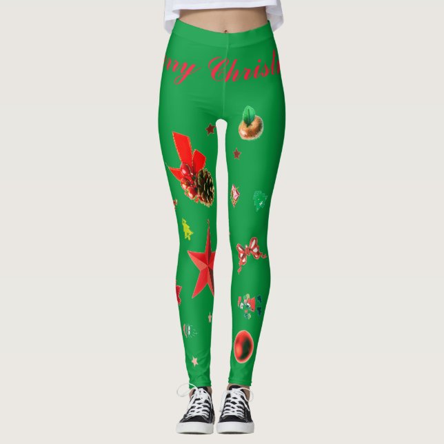 Verde com Enfeites de natal vermelhos Leggings (Frente)