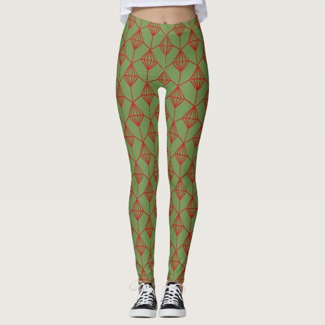 Verde de Natal com Leggings de Design Vermelho (Frente)
