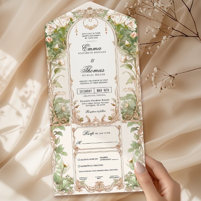 Verde Floral Branco Tudo em Um Convite de casament (Criador carregado)