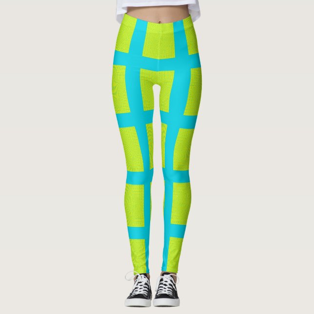 Verde limão Azul Padrado Pista Yoga Pants Leggings (Frente)