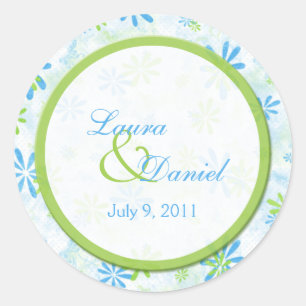 Verde limão e 1,5" floral azul etiqueta redonda