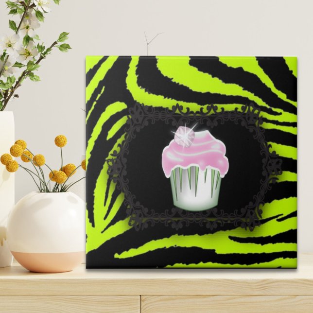 Verde limão zebra impressão rosa Cupcake cor-de-ro (Lime green zebra print Pink Cupcake Sweet Sixteen Ceramic Tile)