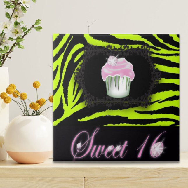 Verde limão zebra impressão rosa Cupcake cor-de-ro (Lime green zebra print Pink Cupcake Sweet Sixteen Tile)