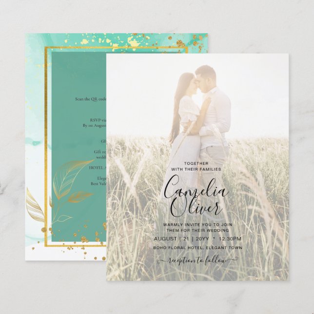 Verde Menta Dourado CASAMENTO Tinta Alcoólica Abst (Frente/Verso)
