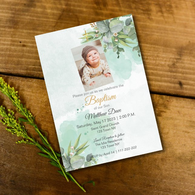 Verde Natural Deixa Convite Batismo (Natural Green Leaves Baptism Invite)