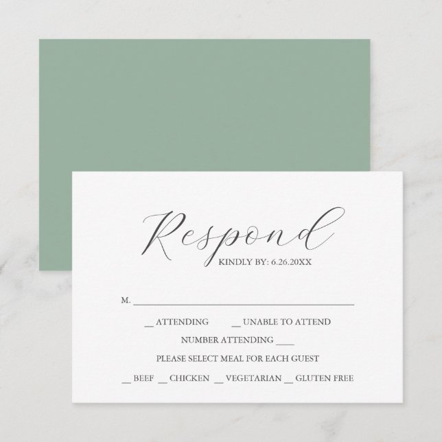 Verde Sage com placas RSVP de escolha de refeição (Frente/Verso)
