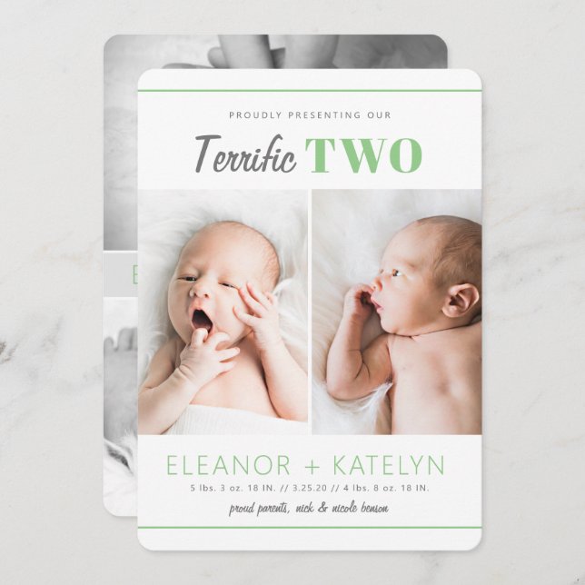Verde sobre o anúncio de nascimento de 2 gêmeos (Frente/Verso)